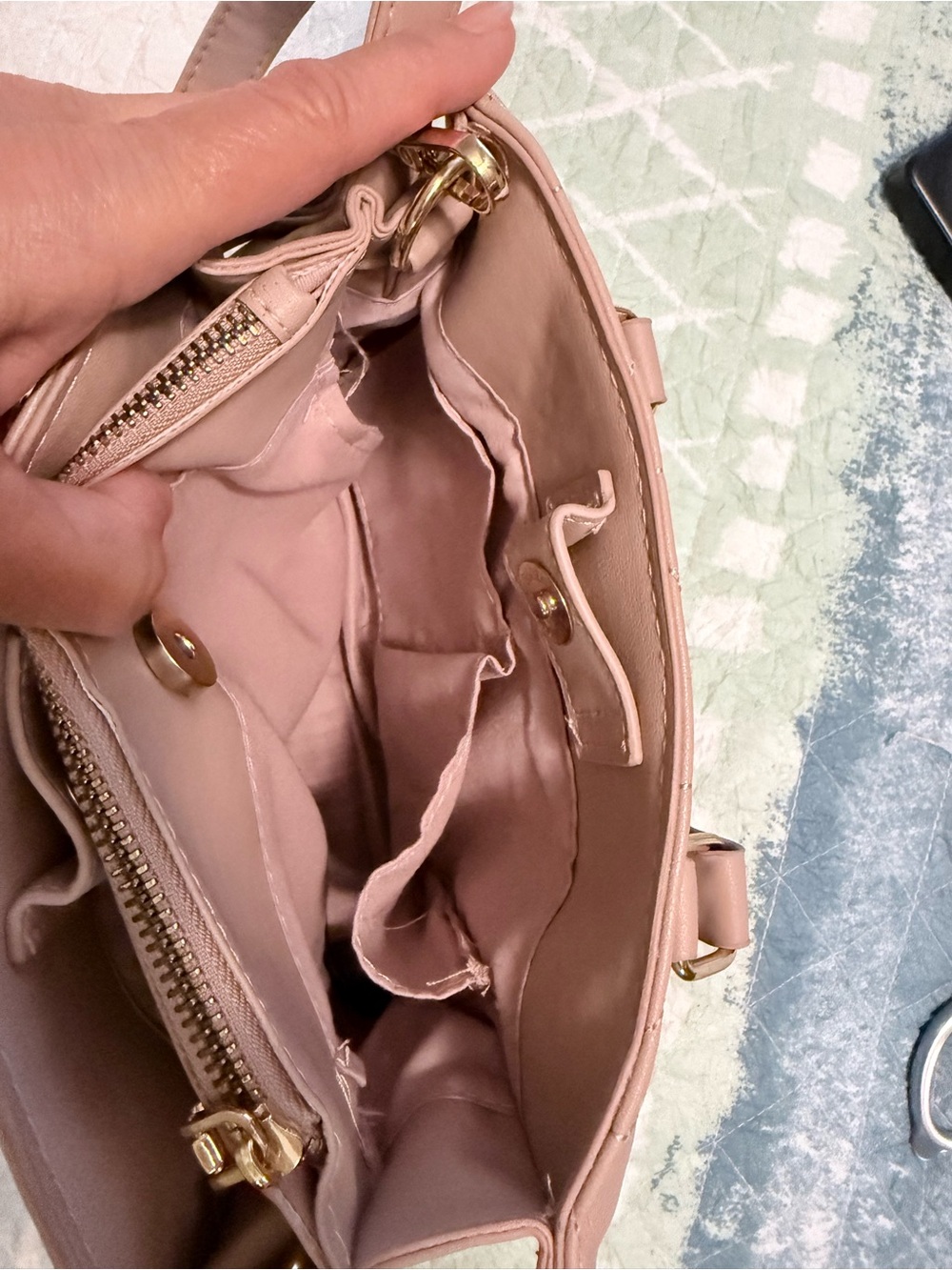 bebe Quilted Mini Tote in Light Pink with Rhinestone Logo - Picture 3 of 5